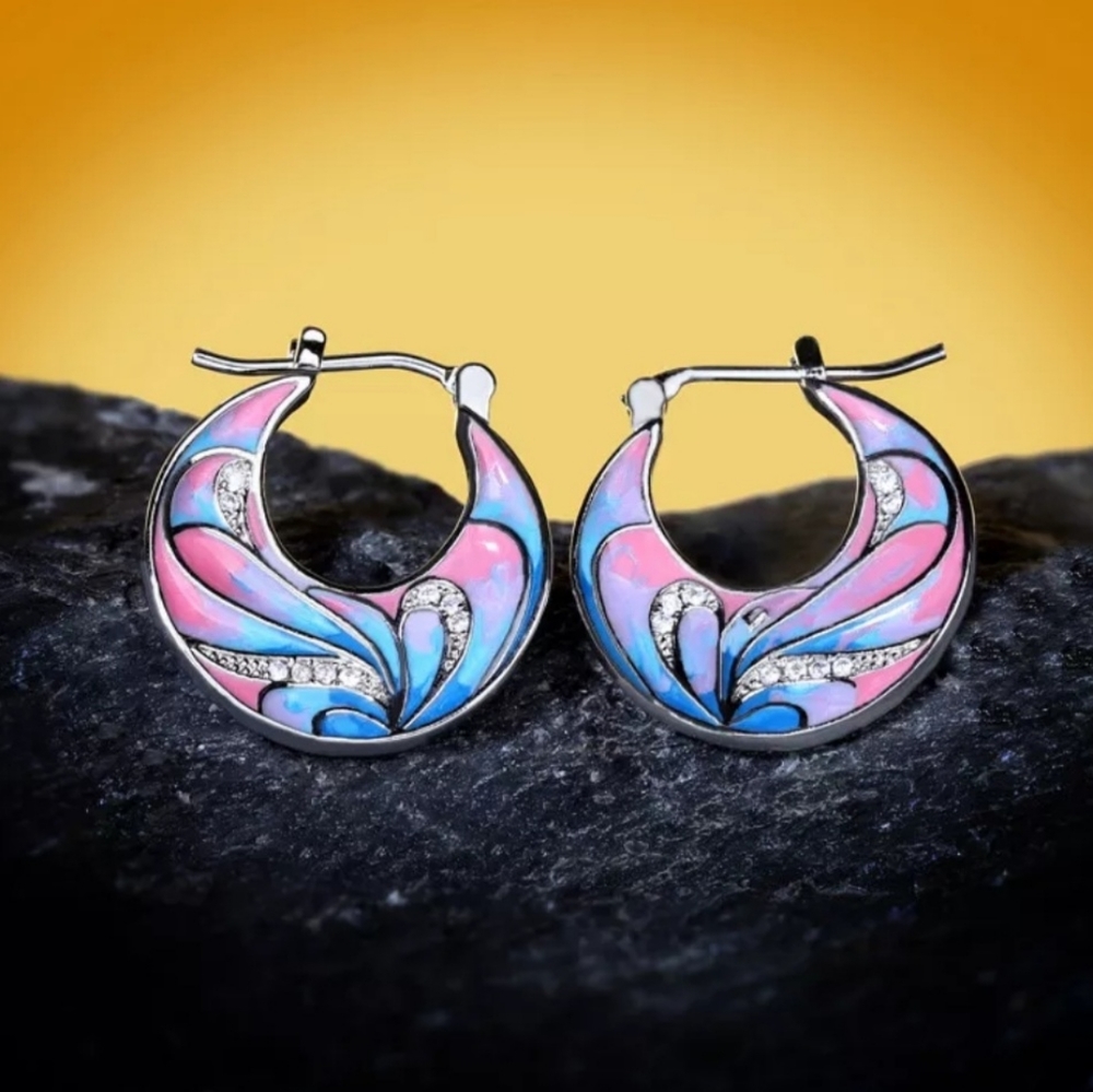 Sterling Silver and blue pink enamel painted boho earrings new